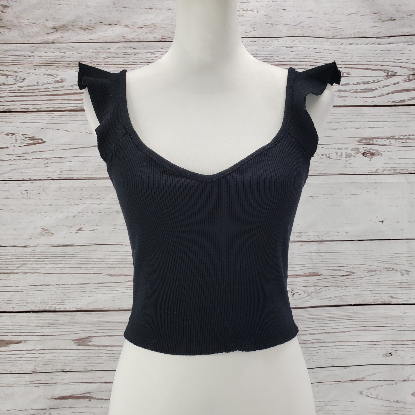 Lulus Women's Black Ribbed Stretch Ruffle Crop Top Size Xl
